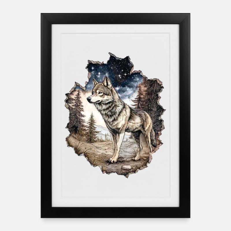 Wolf Sternenhimmel - Gerahmtes Poster (27 × 37 cm) - Schwarz