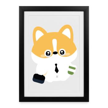Corgi en cravate avec tasse de café - Affiche encadrée (27 × 37 cm) - noir - Devant