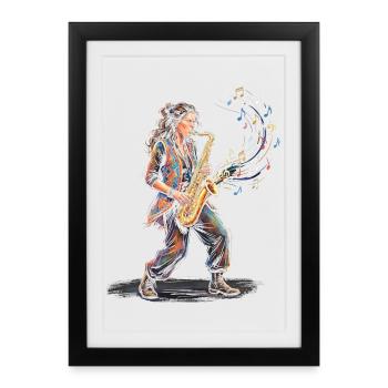 Weibliche Saxophonistin spielt Saxophon-Kunstdruck - Gerahmtes Poster (27 × 37 cm) - Schwarz - Vorne