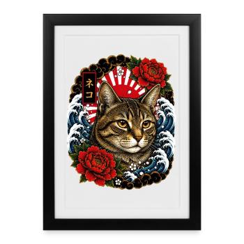 Katze im japanischen Irezumi Tattoo Stil - Gerahmtes Poster (27 × 37 cm) - Schwarz - Vorne