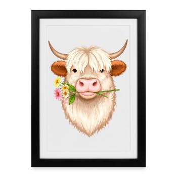 Cool Highland Cow with Flower – Scottish Cattle Style - Framed poster (27 × 37 cm) - black - Front