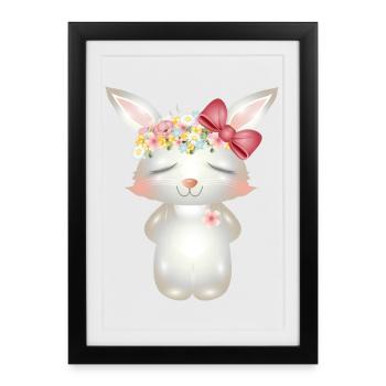 Lapin blanc mignon avec des fleurs et un arc - Affiche encadrée (27 × 37 cm) - noir - Devant