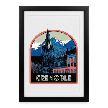 Illustration vue emblématique de Grenoble - Affiche encadrée (27 × 37 cm) - noir - Devant