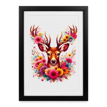 Cerf décoré de fleurs - Affiche encadrée (27 × 37 cm) - noir - Devant