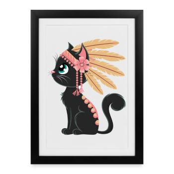 Boho Feather Cat - Framed poster (27 × 37 cm) - black - Front