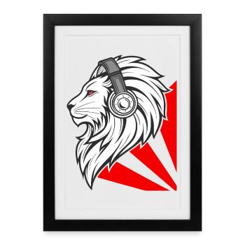 Lion élégant avec des écouteurs - Affiche encadrée (27 × 37 cm) - noir - Devant