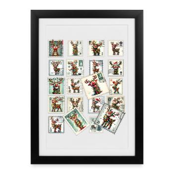 Timbres de Noël avec des rennes – Funny Xmas - Affiche encadrée (27 × 37 cm) - noir - Devant