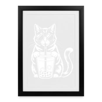 Cat with bubble tea - Framed poster (27 × 37 cm) - black - Front