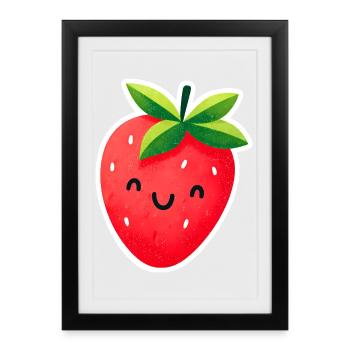 fraise mignonne souriante - Affiche encadrée (27 × 37 cm) - noir - Devant