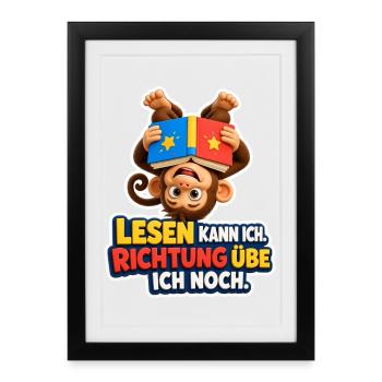 Affe liest verkehrt am Baum kann ich Spruch Lustig - Gerahmtes Poster (27 × 37 cm) - Schwarz - Vorne
