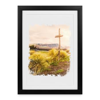 Croix en bois dans un paysage aride | Croix de Jésus - Affiche encadrée (27 × 37 cm) - noir - Devant