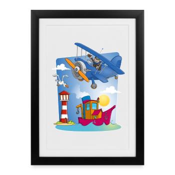 sun, sea, plane, boat lighthouse and seagull - Framed poster (27 × 37 cm) - black - Front