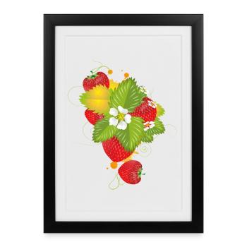 Fraises rouges aux fleurs vertes et blanches juteuses - Affiche encadrée (27 × 37 cm) - noir - Devant
