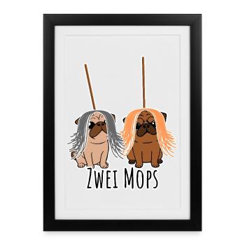 Deux carlins - chiens ou équipement de toilettage ? Humour canin ? - Affiche encadrée (27 × 37 cm) - noir - Devant