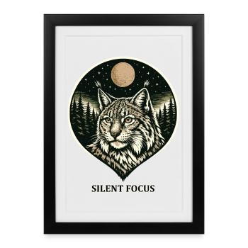 Silent Focus - Lynx dans le style de la gravure sur bois - Affiche encadrée (27 × 37 cm) - noir - Devant