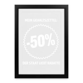 Remise de 50 % sur le bulletin de paie - Affiche encadrée (27 × 37 cm) - noir - Devant
