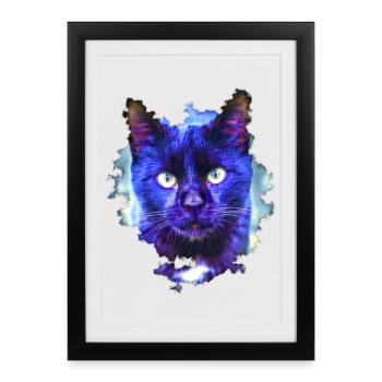 Neon cat in the rain of light - Framed poster (27 × 37 cm) - black - Front