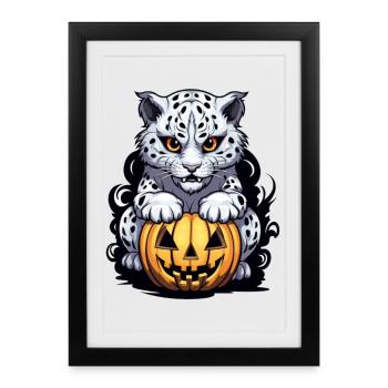 Snow leopard with Halloween pumpkin - Framed poster (27 × 37 cm) - black - Front