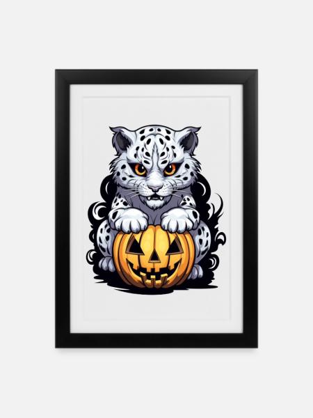 Schneeleopard mit Halloween-Kürbis - Gerahmtes Poster (27 × 37 cm) - Schwarz