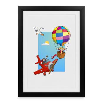 Fille dans une montgolfière et un avion rouge - Affiche encadrée (27 × 37 cm) - noir - Devant