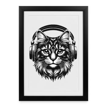 Porträt einer Katze mit Kopfhörer in Schwarz weiß - Gerahmtes Poster (27 × 37 cm) - Schwarz - Vorne