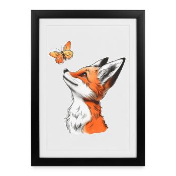 Renard avec papillon - Affiche encadrée (27 × 37 cm) - noir - Devant