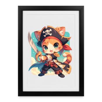 Chat Pirate de Kawaii Chibi - Aventure Ahoy - Affiche encadrée (27 × 37 cm) - noir - Devant