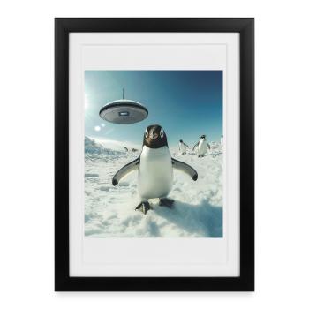 Selfie de pingouin avec OVNI - Affiche encadrée (27 × 37 cm) - noir - Devant