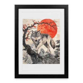 Wolf Japon Mont Fuji Yama Japon Temple Sanctuaire - Affiche encadrée (27 × 37 cm) - noir - Devant