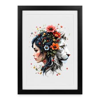 Femme et Lion en Fusion Florale - Affiche encadrée (27 × 37 cm) - noir - Devant