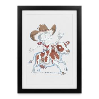 Un cow-boy squelette chevauche un veau - Affiche encadrée (27 × 37 cm) - noir - Devant
