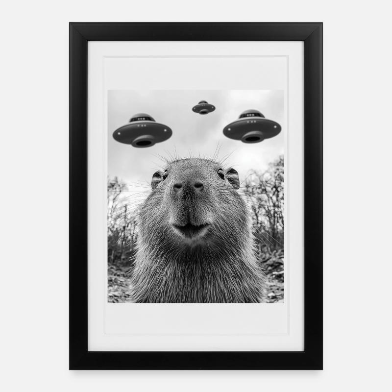 Selfie de capybara avec OVNI - Affiche encadrée (27 × 37 cm) - noir