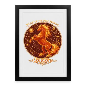 Millésime des chevaux du Nouvel An chinois 2026 - Affiche encadrée (27 × 37 cm) - noir - Devant