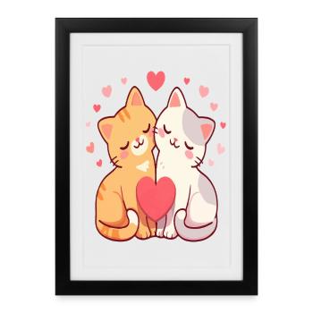 Kawaii Cat Duo Hearts - Framed poster (27 × 37 cm) - black - Front