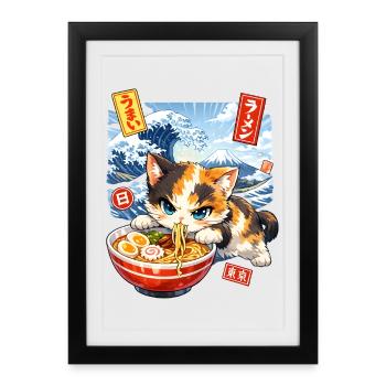 Japan Cat Ramen Noodle Retro Wave Motif - Framed poster (27 × 37 cm) - black - Front
