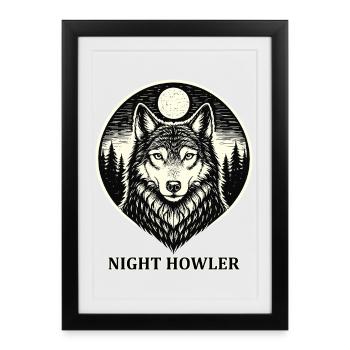 Hurleur de nuit - Loup en style gravure sur bois - Affiche encadrée (27 × 37 cm) - noir - Devant