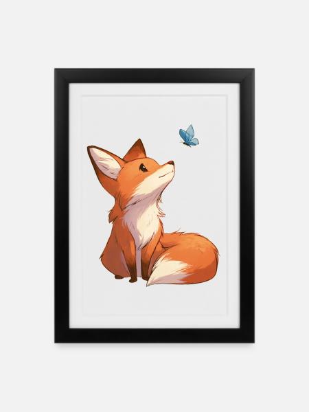 Fuchs mit Schmetterling - Gerahmtes Poster (27 × 37 cm) - Schwarz