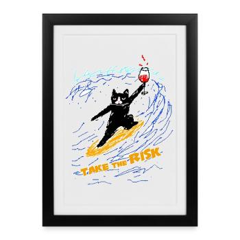 Pixel art motivant avec un chat surfeur - Affiche encadrée (27 × 37 cm) - noir - Devant