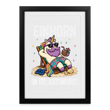 Einhorn Urlaubsmodus Männer Camping Fun Shirt  - Gerahmtes Poster (27 × 37 cm) - Schwarz - Vorne