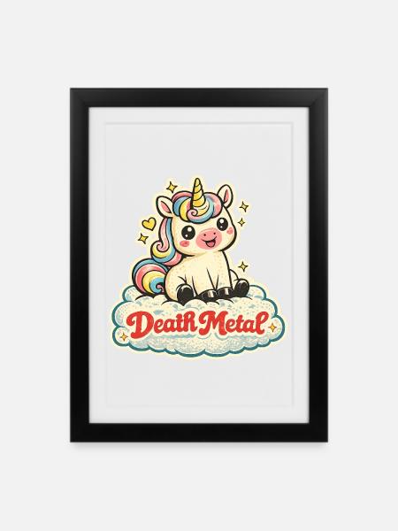 Death Metal Unicorn – Retro 70s Vintage - Gerahmtes Poster (27 × 37 cm) - Schwarz