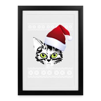 Noël chat neige hiver rouge bonnet miaou gai - Affiche encadrée (27 × 37 cm) - noir - Devant