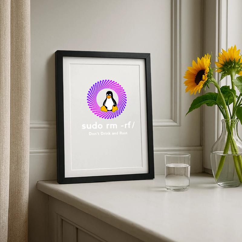 Ordinateur Sys admin Penguin Nerd pc sudo rm -rf cod Affiche encadrée (27 × 37 cm)