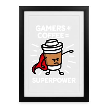 Gamers + café = superpuissance - super héros - héros - Affiche encadrée (27 × 37 cm) - noir - Devant