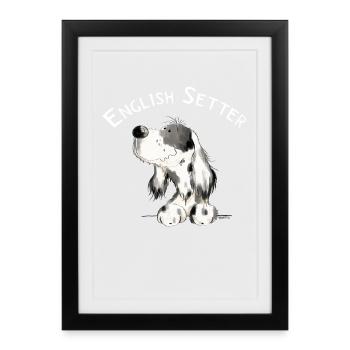 Cadeau de bande dessinée de chien heureux Setter anglais I - Affiche encadrée (27 × 37 cm) - noir - Devant
