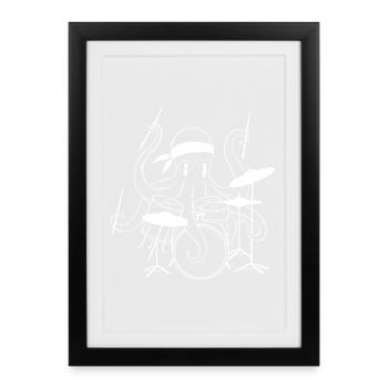 Krake Schlagzeug Drummer - Gerahmtes Poster (27 × 37 cm) - Schwarz - Vorne