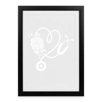 Stéthoscope Fleur Coeur Médecin Infirmière - Affiche encadrée (27 × 37 cm) - noir - Devant