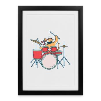 Chat Musique Cat Drummer Batterie Band - Affiche encadrée (27 × 37 cm) - noir - Devant