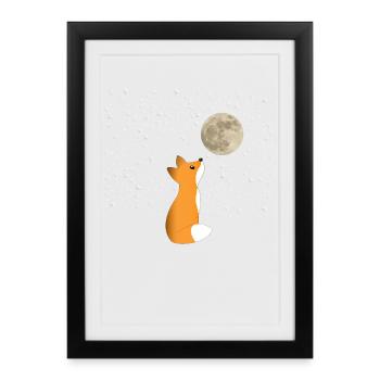A Cute Fox Watching The Moon Winter Wonderland - Framed poster (27 × 37 cm) - black - Front