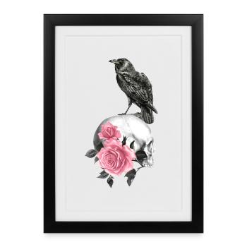 Crâne avec roses et corbeau - Affiche encadrée (27 × 37 cm) - noir - Devant