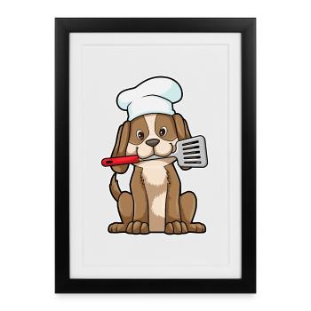Hund Koch Pfannenwender Kochen - Gerahmtes Poster (27 × 37 cm) - Schwarz - Vorne